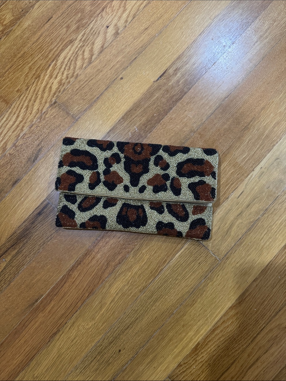 Leopard Print Beaded Fold-Over Clutch - Brown/Black
